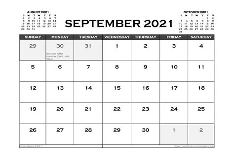 September 2021 Calendar Uk Printable